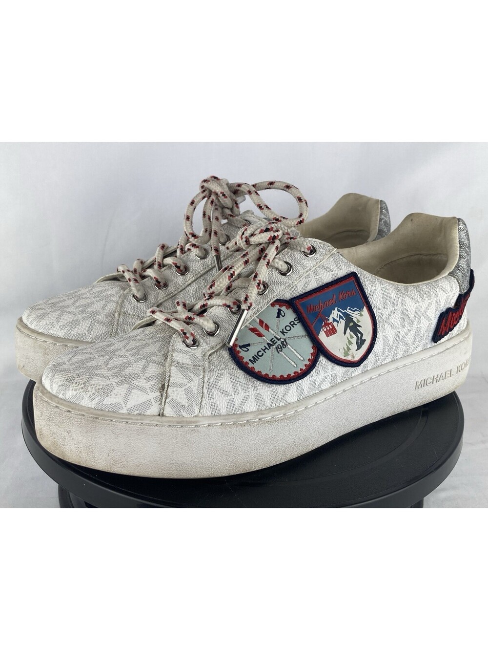 Women’s Size 9 Michael Kors Poppy Patchwork Ski Monogram Sneakers Shoes White